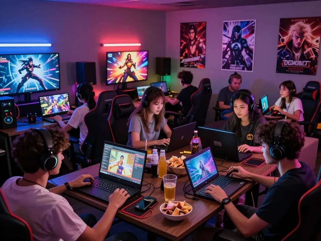 Group of friends playing interactive porngames in a vibrant gaming lounge with multiple devices.