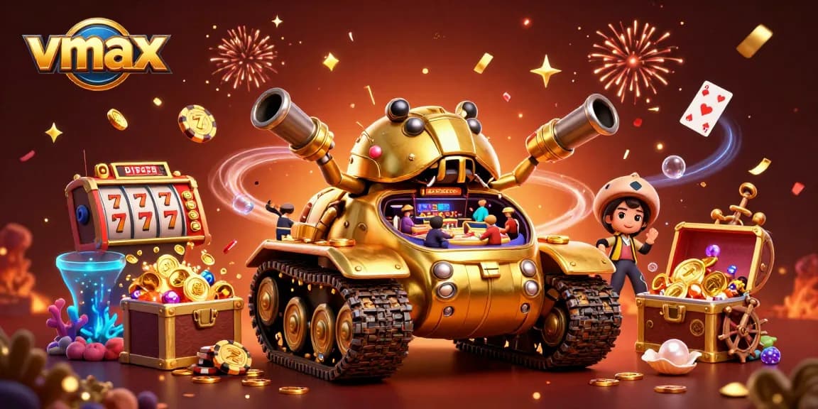Experience thrilling gaming action at vmax with a vibrant casino within a golden beetle tank.
