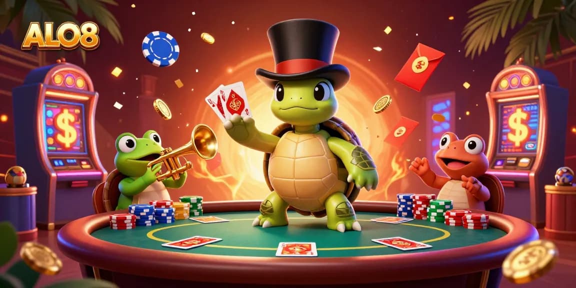 Engage with the thrilling world of ALO8 as a turtle plays poker amidst glittering casino elements.