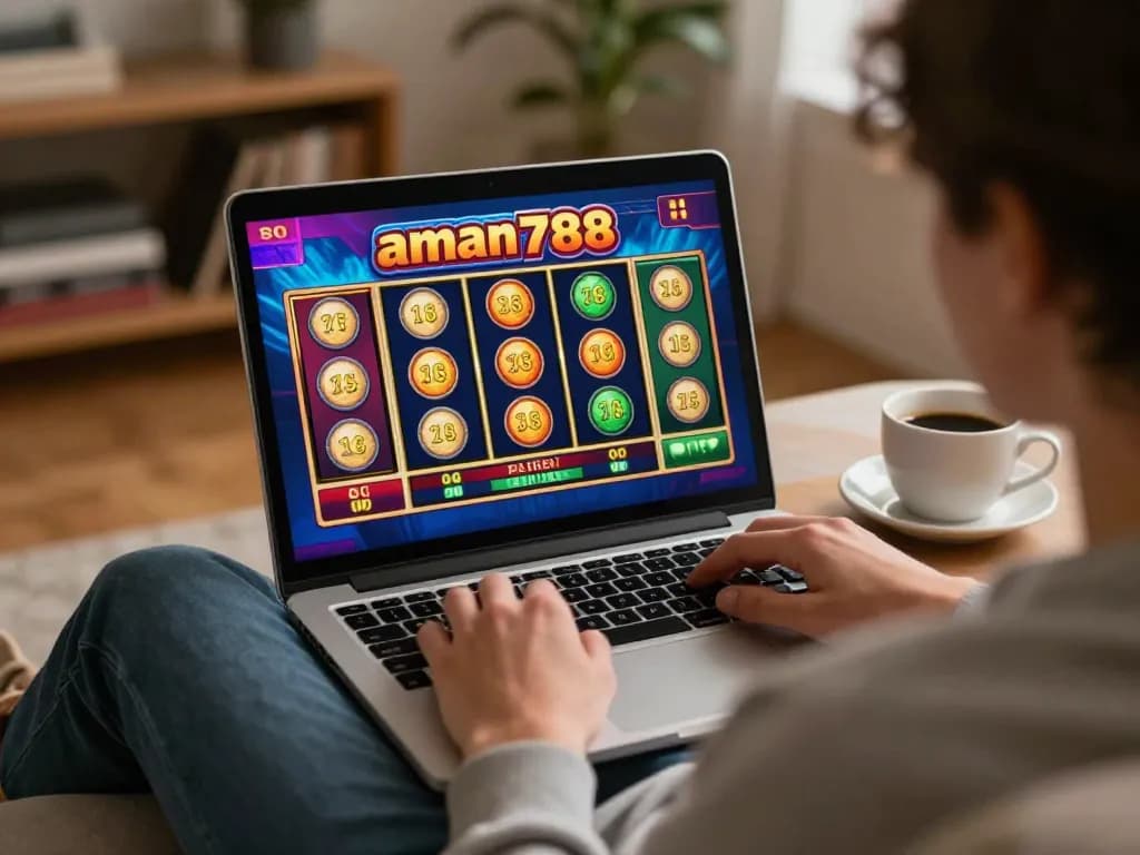 Seorang pemain terlibat dalam aman788 slot online di rumah, menikmati suasana nyaman dengan laptop dan cangkir kopi