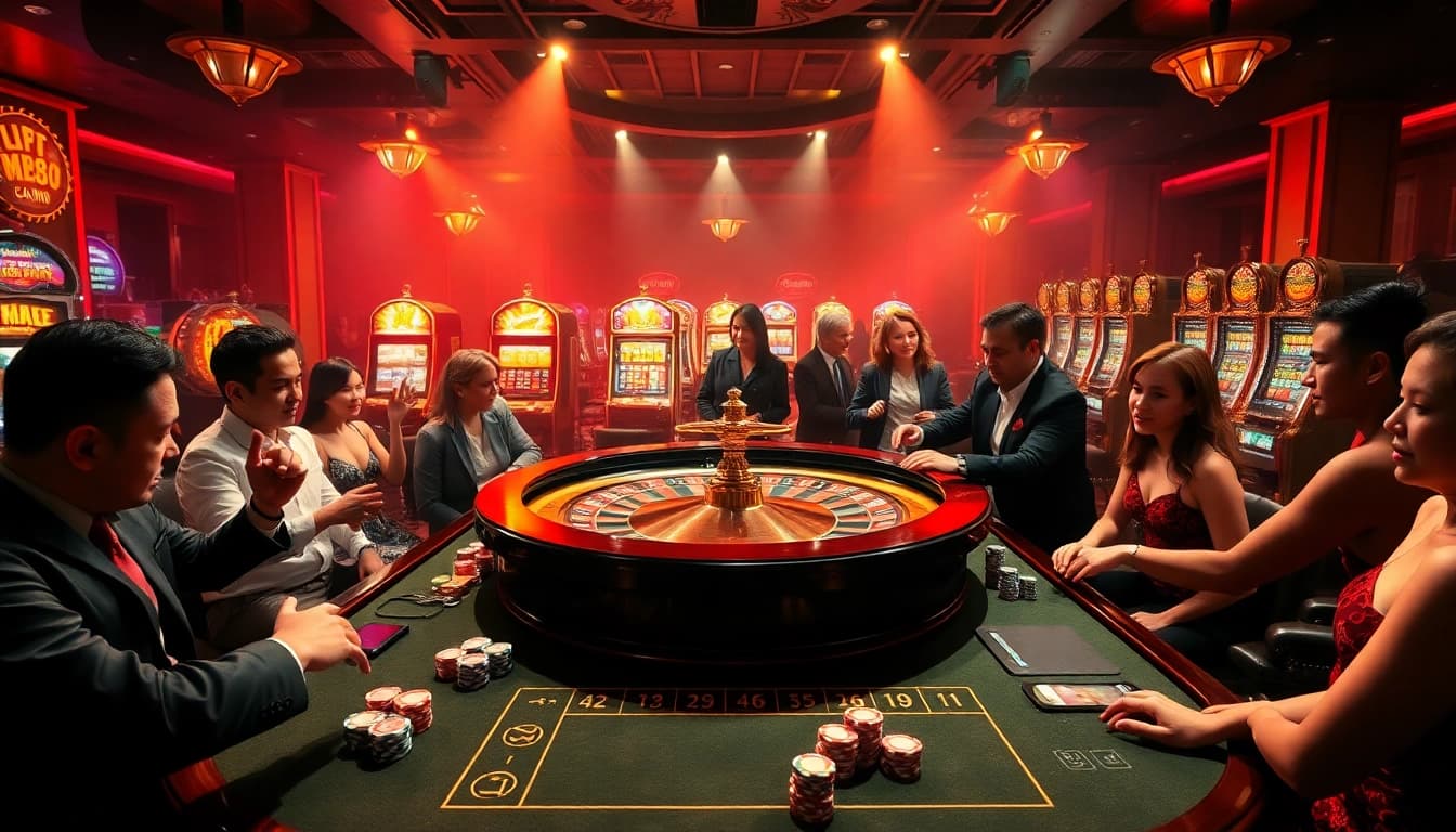 Players engaged in an exciting game at RR88's luxurious casino, showcasing vibrant roulette and slot machines.