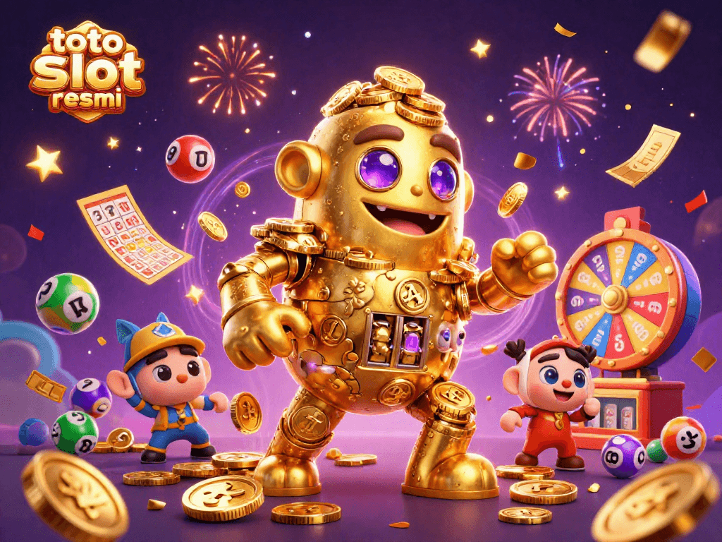Win big with toto slot resmi illustrated in a magical scene featuring a golden golem and vibrant game elements.