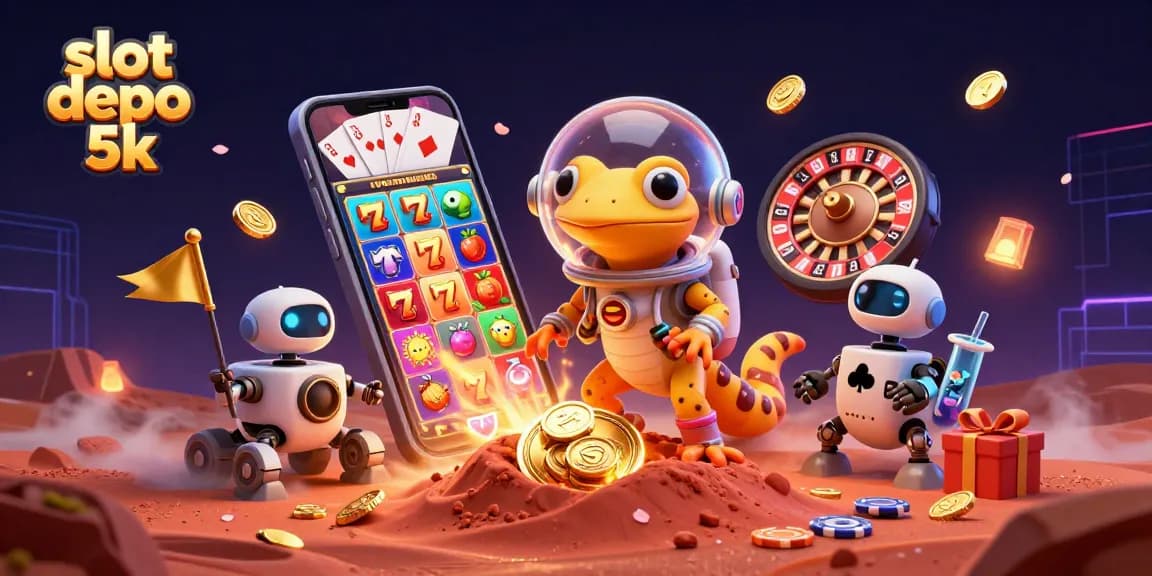 Experience thrill with slot depo 5k in a vibrant 3D casino scene filled with excitement.