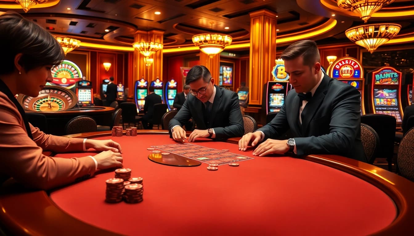 Exciting players at the rr88 casino competing at a high-stakes card table, capturing the thrill of gambling.