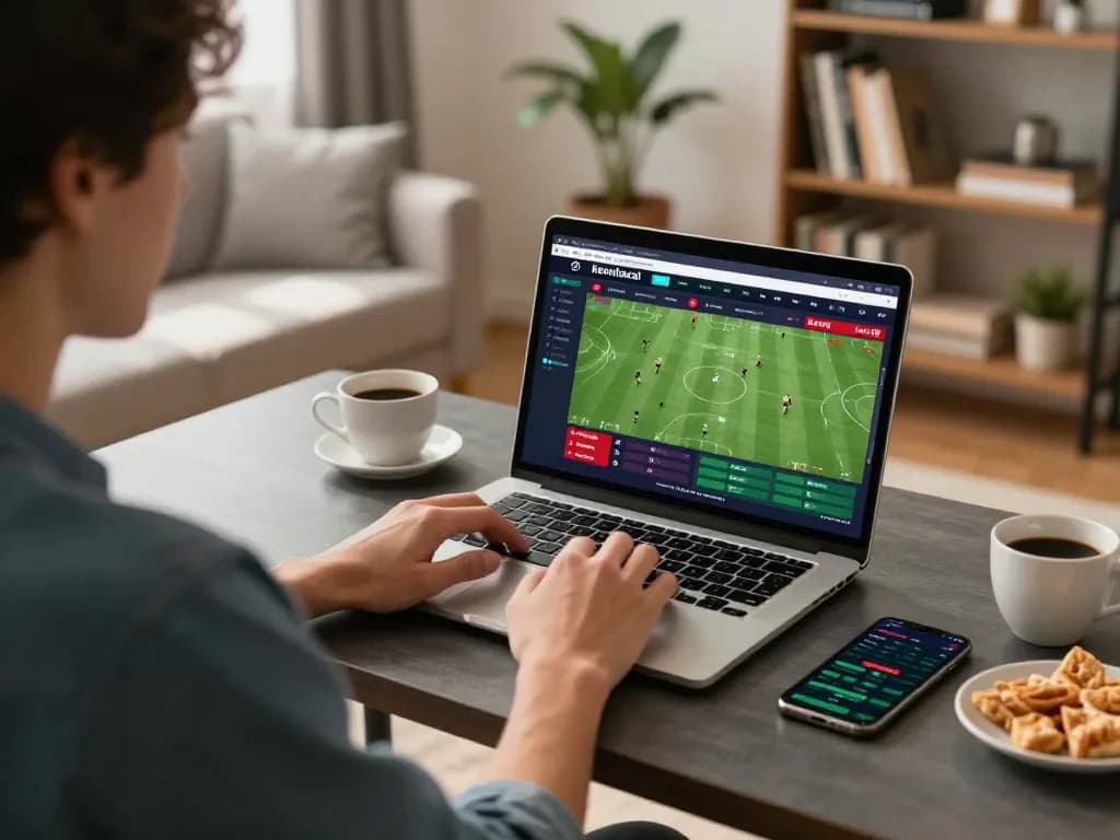 Engaged in strategic keonhacai betting while following live sports updates on a laptop.