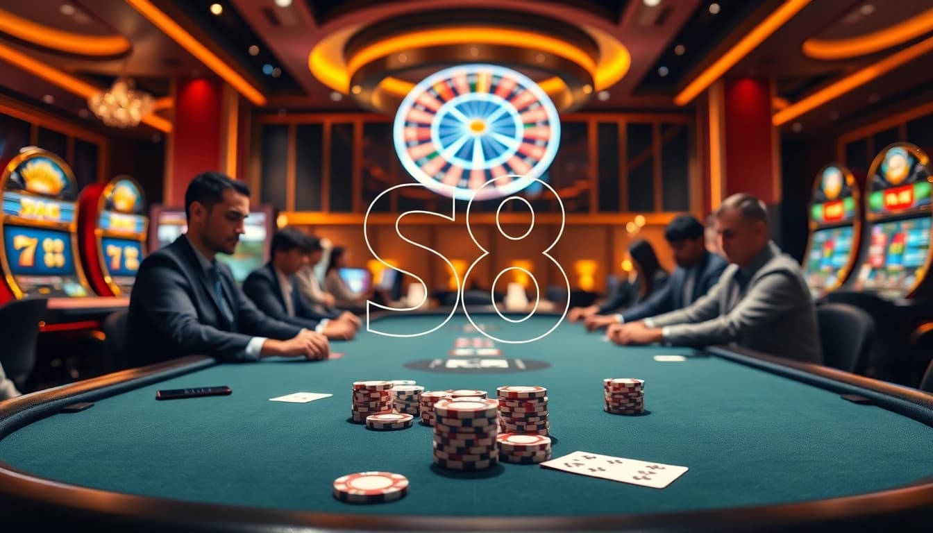 S8 captivates players as they engage at a glamorous poker table with vibrant casino elements.