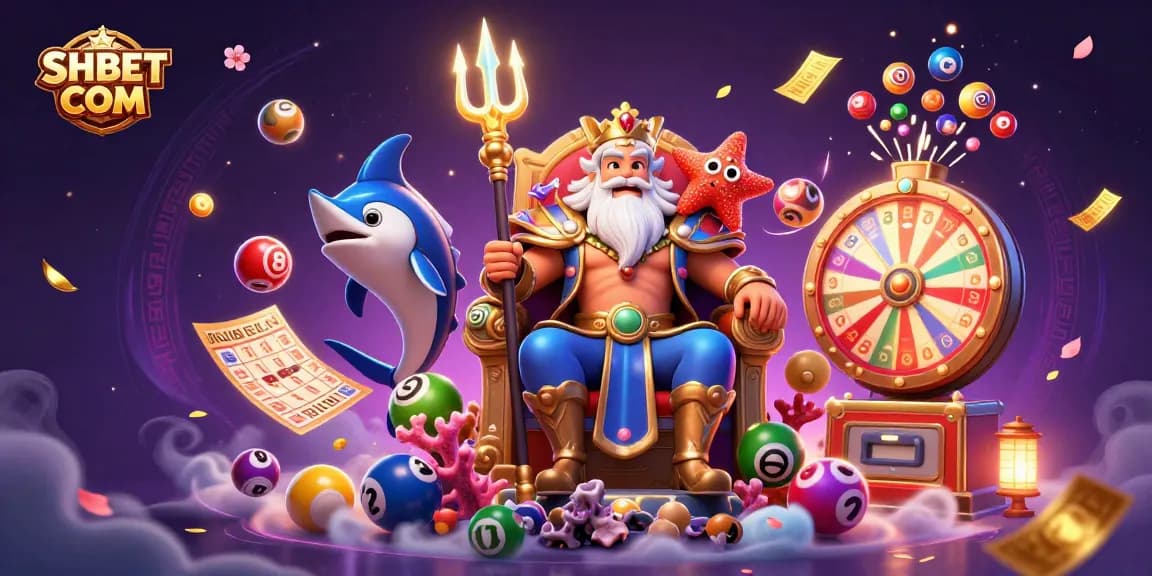 Win big with lottery fun at SHBET COM, featuring a vibrant 3D casino scene with gaming elements.