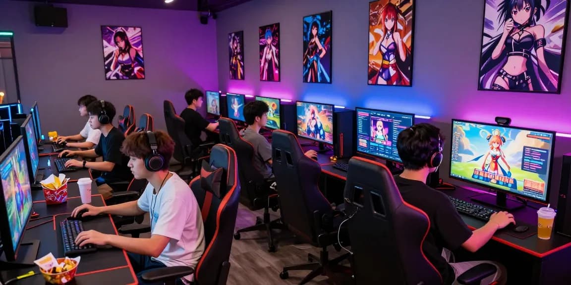 Players immersed in hentai games at a lively gaming lounge