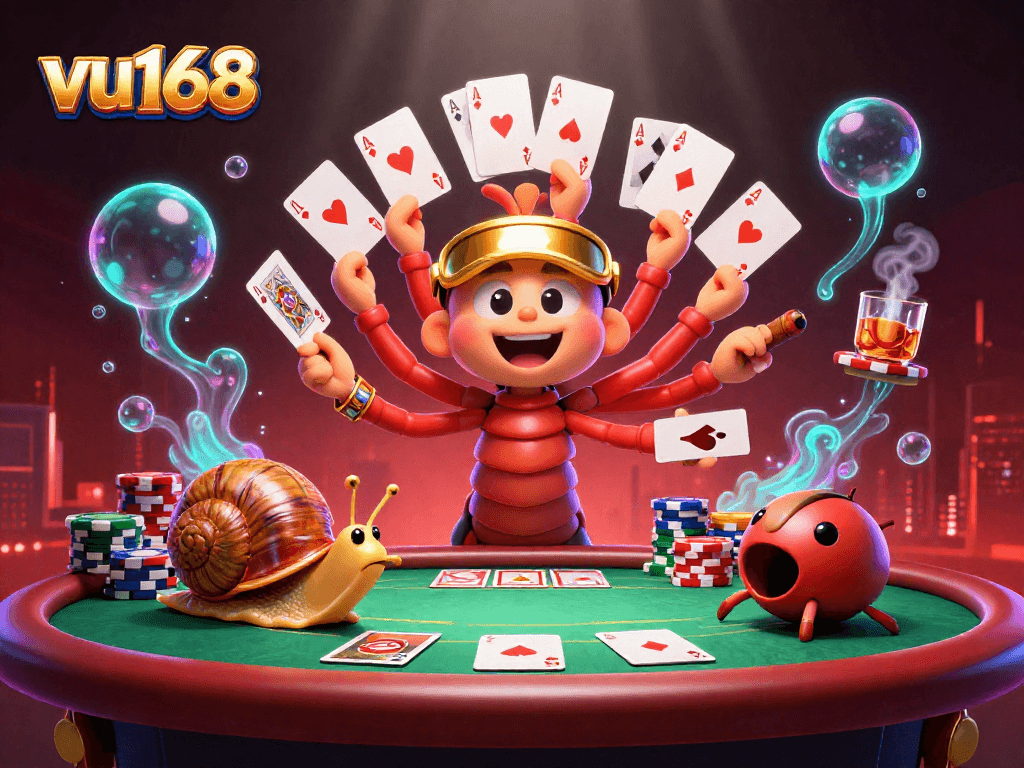 Experience thrilling wagers at vu168 with an animated dealer showing poker cards and players engaged in the excitement.