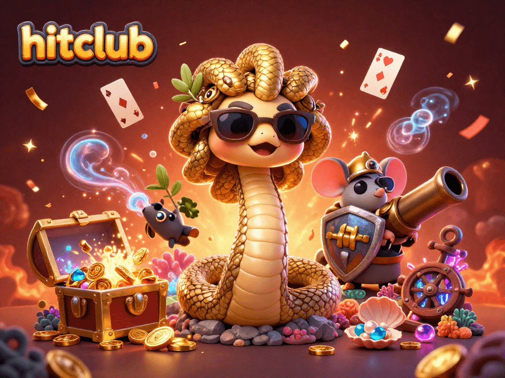 Hitclub's vibrant 3D digital illustration showcases Medusa and a warrior mouse with gambling elements amidst gold coins.