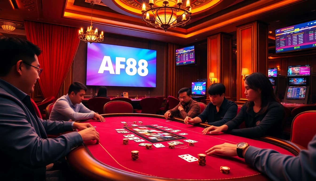 AF88 players enjoying dynamic poker action at a luxurious casino table.