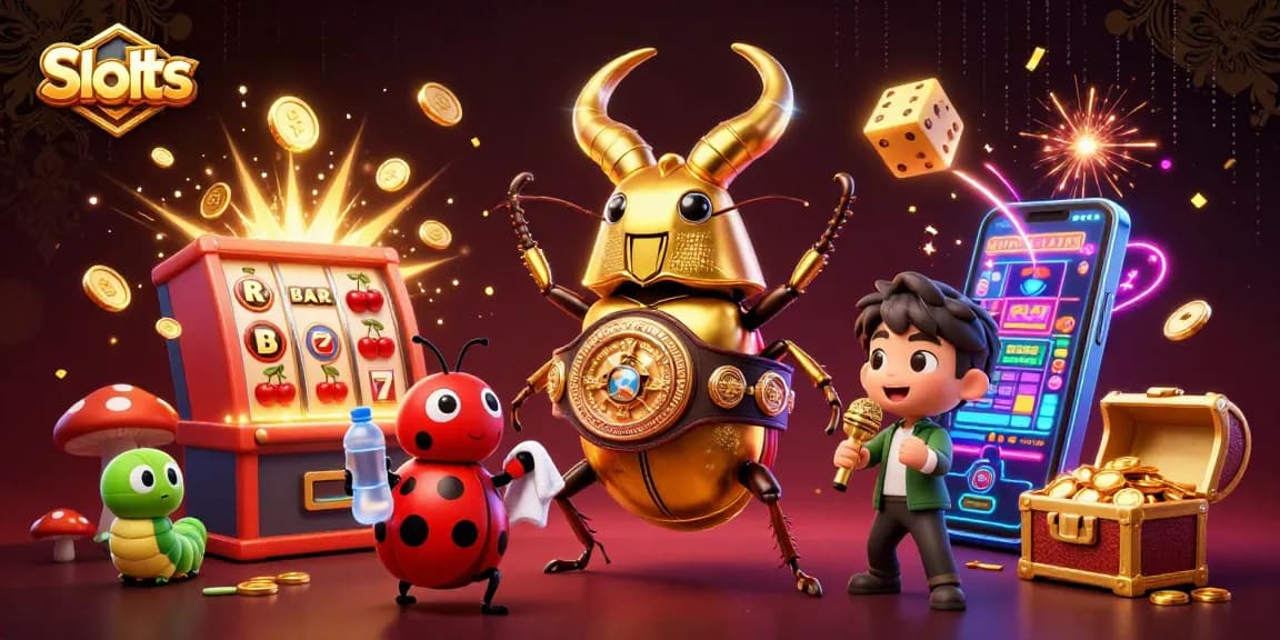 Engage with dynamic Slots action featuring a 3D golden stag beetle champion amidst a jackpot explosion.