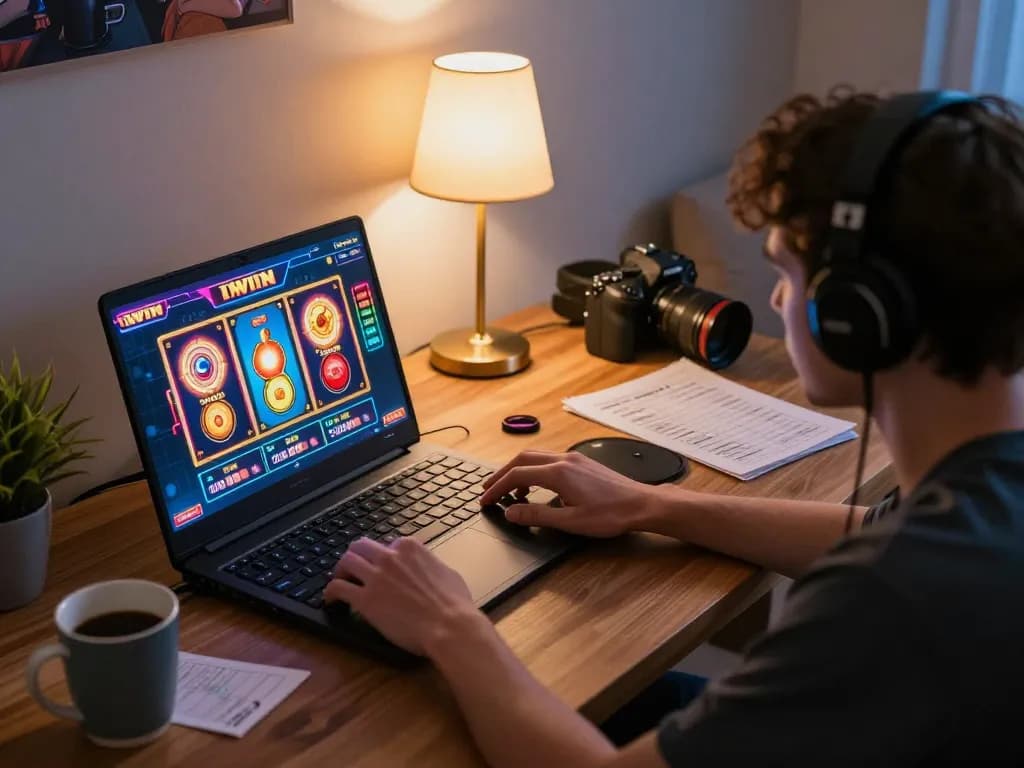 IWIN gaming experience at home with vibrant laptop action and strategy notes