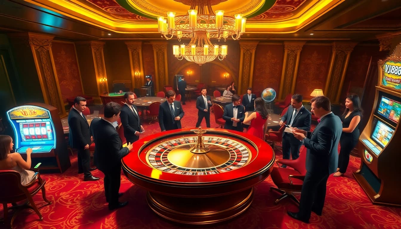 Betting action in a luxurious casino setting featuring VJ88 branding on slips.