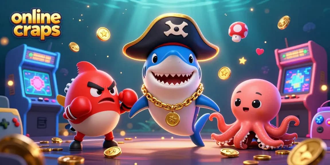 Engage in online craps with a vibrant 3D illustration of a pirate shark and friends in a casino arcade.