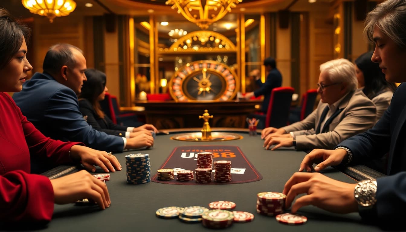 Experience the thrill of Jun88 at a luxurious casino poker table filled with eager players.