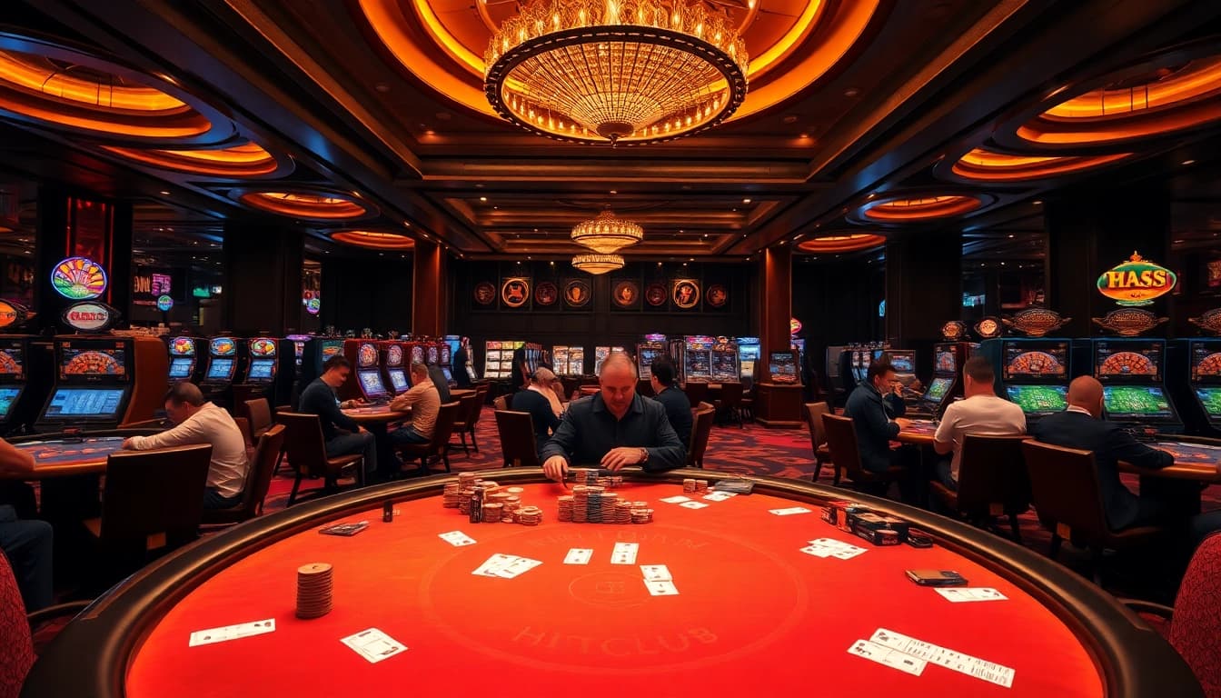Players enjoying thrilling games at Hitclub's luxurious casino tables and slot machines.