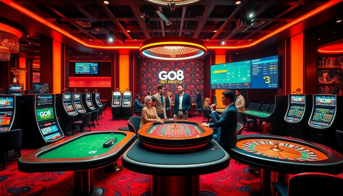 Go8 players enjoying high-stakes gaming at luxurious casino tables with vibrant slots.