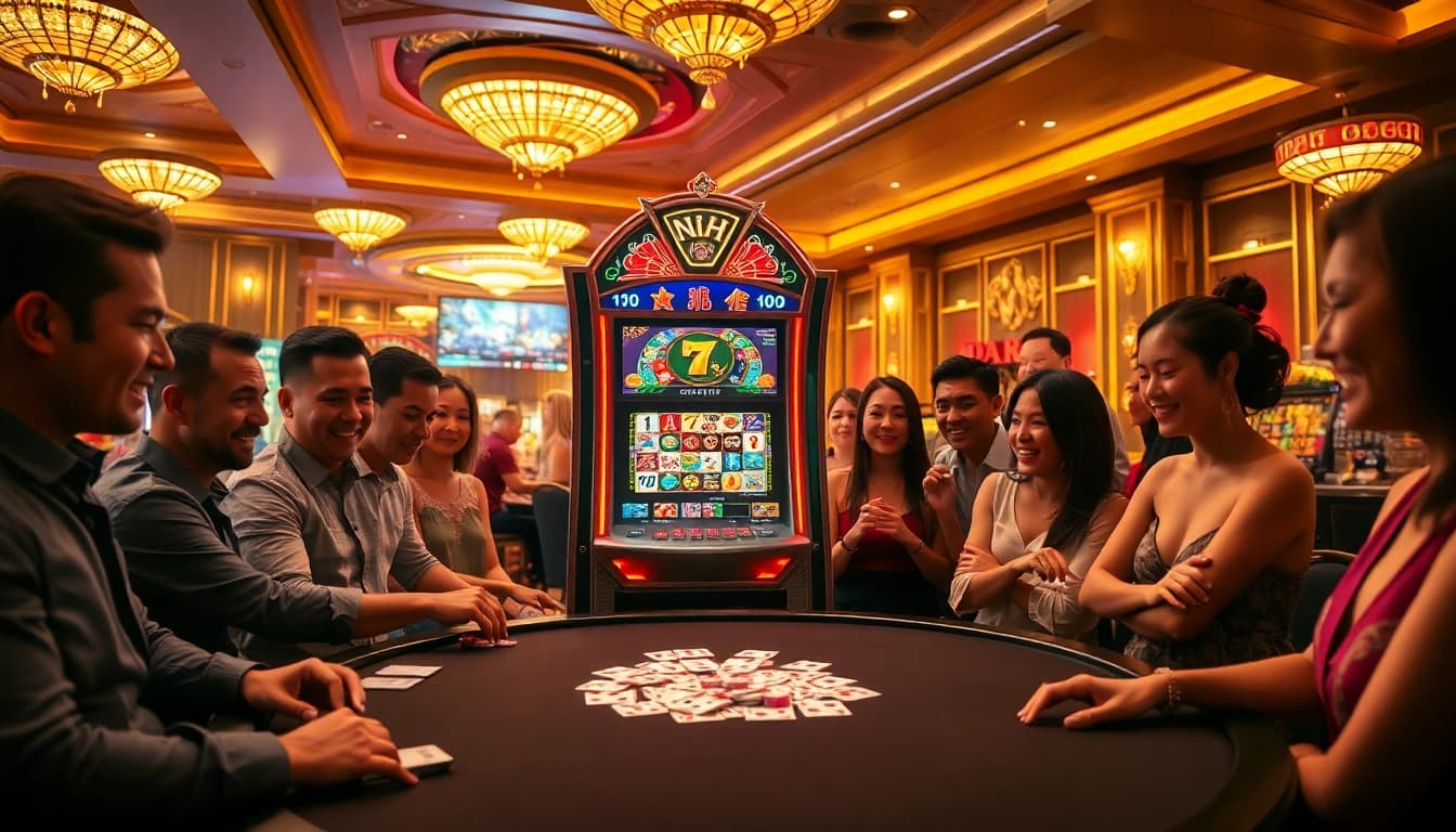 Players joyfully engaging with a colorful nổ hũ slot machine in a luxurious casino setting.