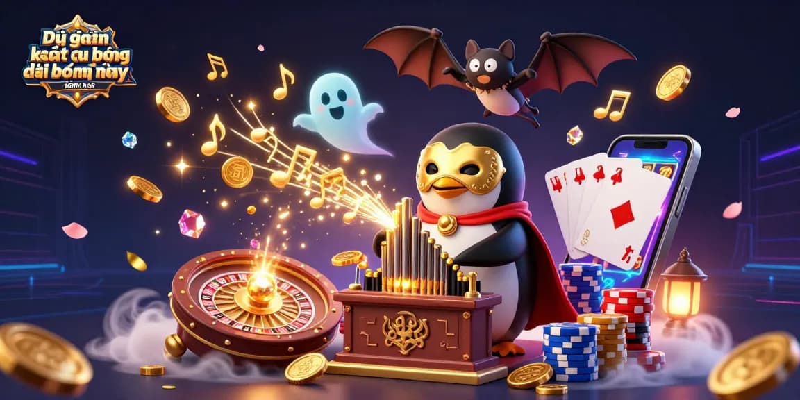 Dự đoán kết quả bóng đá hôm nay illustration featuring a penguin playing an organ in a dynamic sports betting scene.