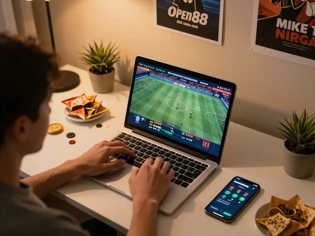 Dynamic online sports betting scene at open88 com with a laptop and live game streaming.