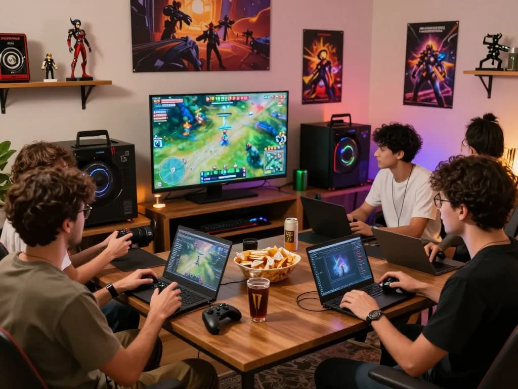 Dragon77 gamers enjoying an exciting online gaming session in a vibrant living space.