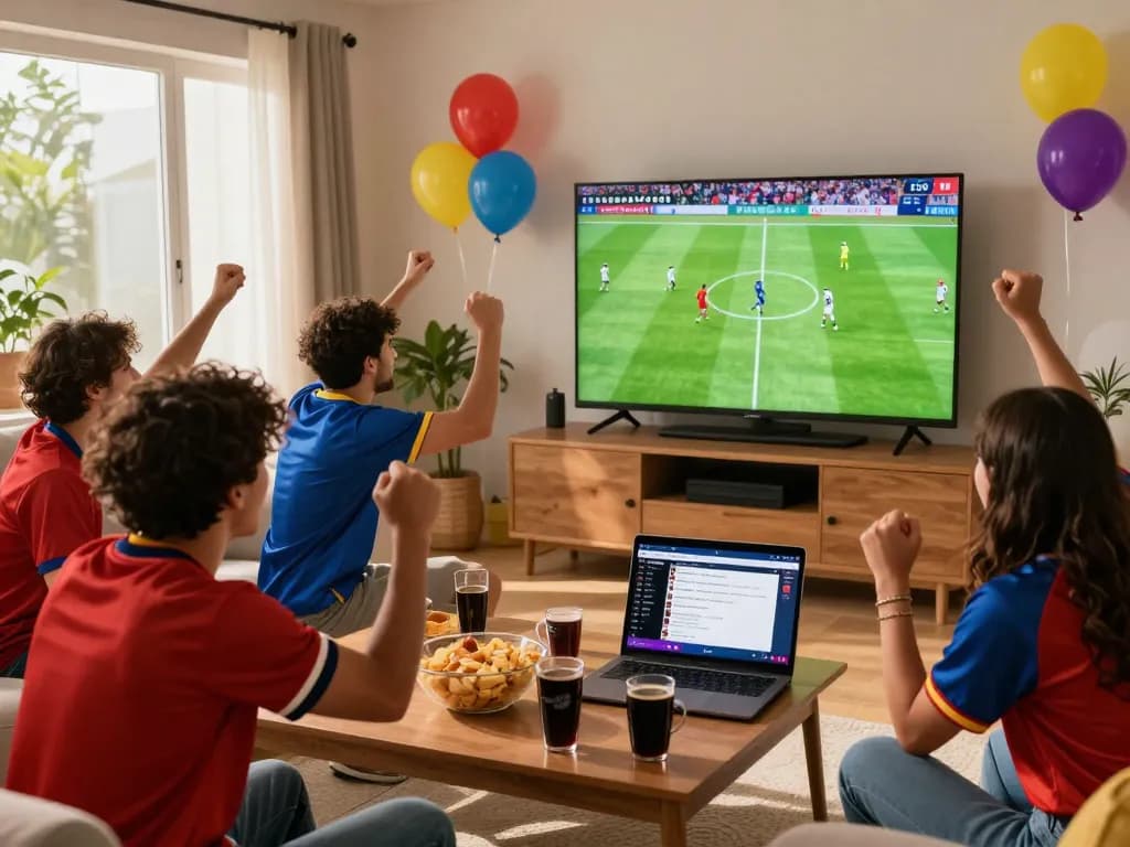 Fans celebrating and watching football live on LuongSonTV in a cozy living room.