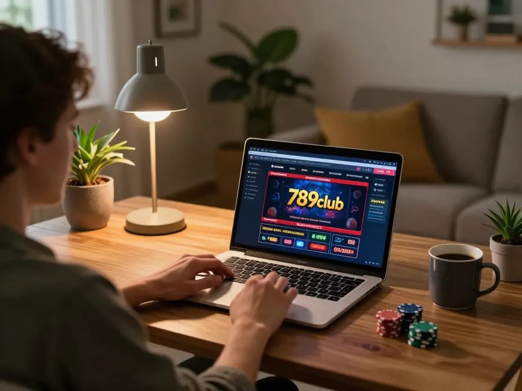 Player enjoying an online gaming session at 789club in a cozy home setting with poker chips and a laptop.