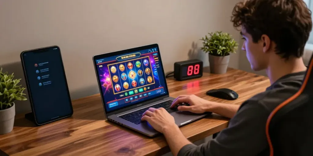 Engaged gamer playing akunjp online slot games in a modern home office.