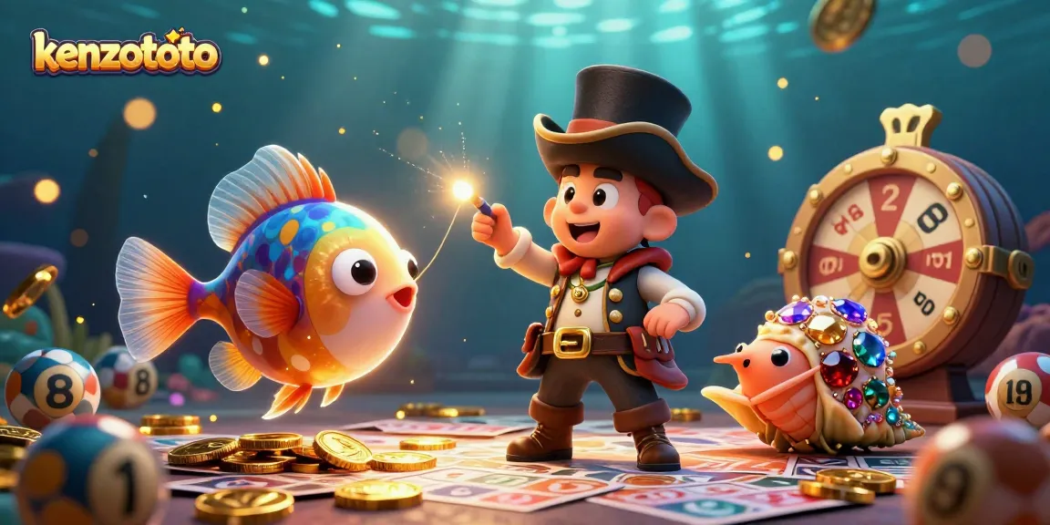 Engage with kenzototo's vibrant lottery scene featuring treasure-laden sea creatures and winning bingo elements.