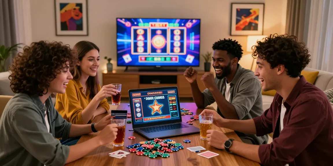 Friends enjoying a lively evening exploring online casinos that accept credit cards with excitement, chips, and drinks on the table.