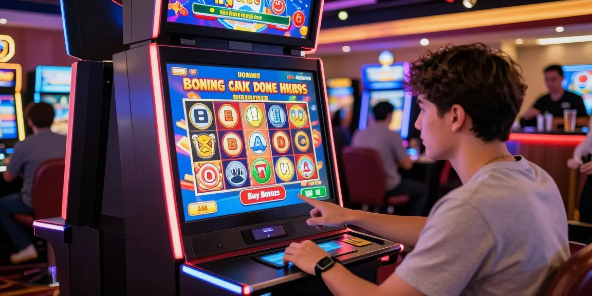 Player engaging with bonus buy slots game in a vibrant casino environment, showcasing excitement.