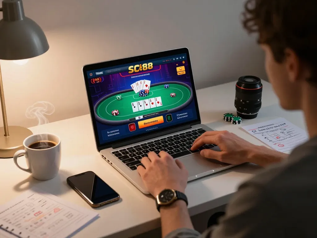 Person playing SC88 poker game on laptop while studying betting strategies at home.