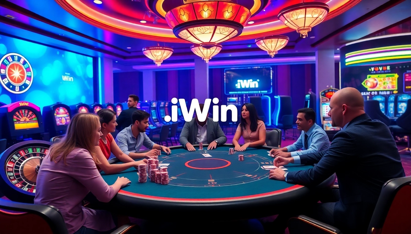 A thrilling scene of casino excitement featuring poker players at an iWin gaming table, surrounded by vibrant slot machines and roulette wheels.