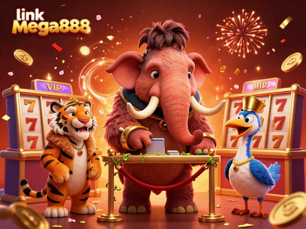 Experience thrilling action featuring link mega888 with a cartoon mammoth bouncer and exclusive VIP guests in a vibrant casino atmosphere.