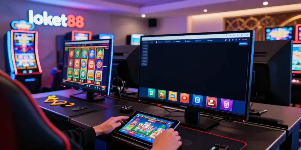 Engaged player on loket88 gaming platform, vibrant and modern gaming setup.