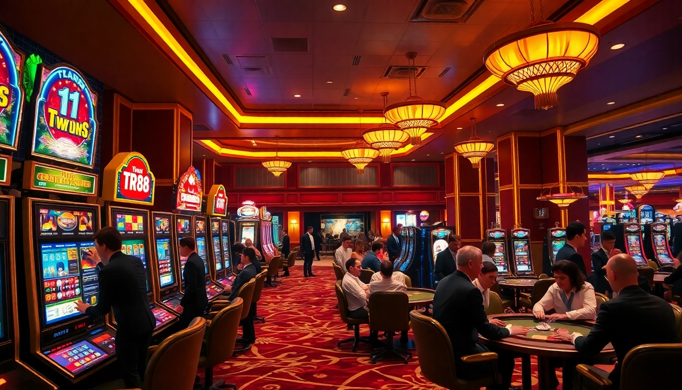 Players experiencing the excitement of TR88's vibrant casino atmosphere filled with slot machines and games.