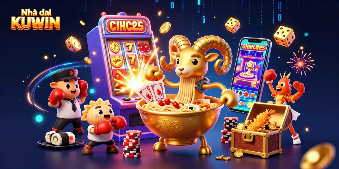 Experience the excitement of Nhà cái KUWIN with giant ramen bowl dealers and 3D casino elements.