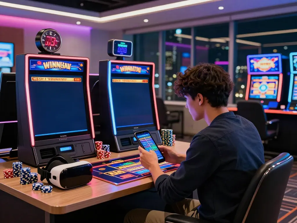 Player enjoying A80 online casino slot game on a mobile device in a vibrant gaming setup.