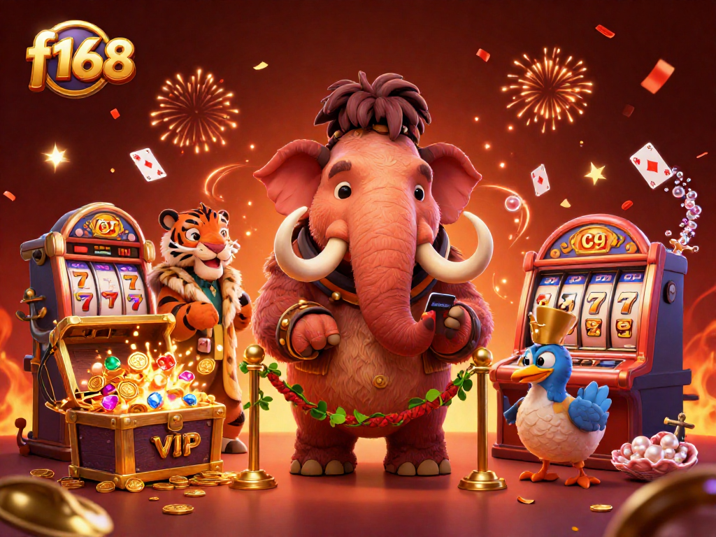 Experience the vibrant gambling thrill at f168, showcasing a majestic woolly mammoth bouncer beside VIP guests.