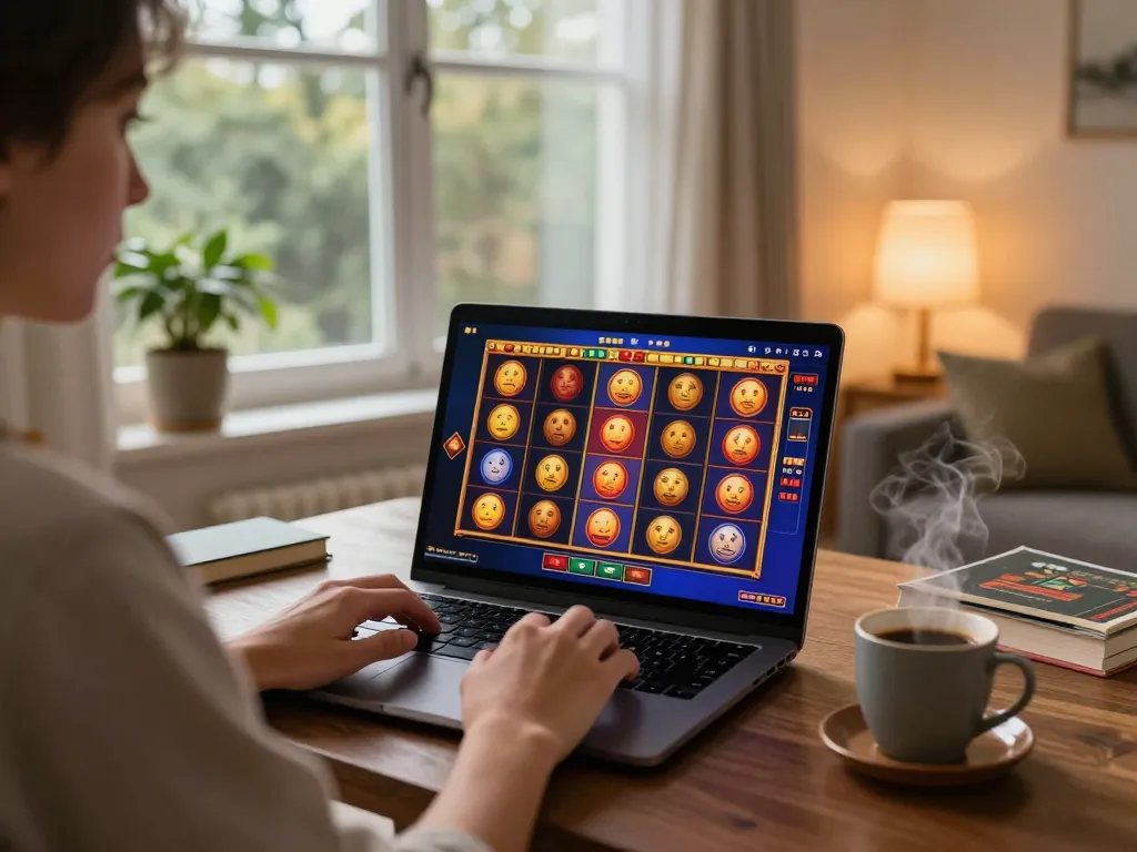 Player spinning slots on laptop, engaging with slot depo 5k interface at home for a strategic gaming session.