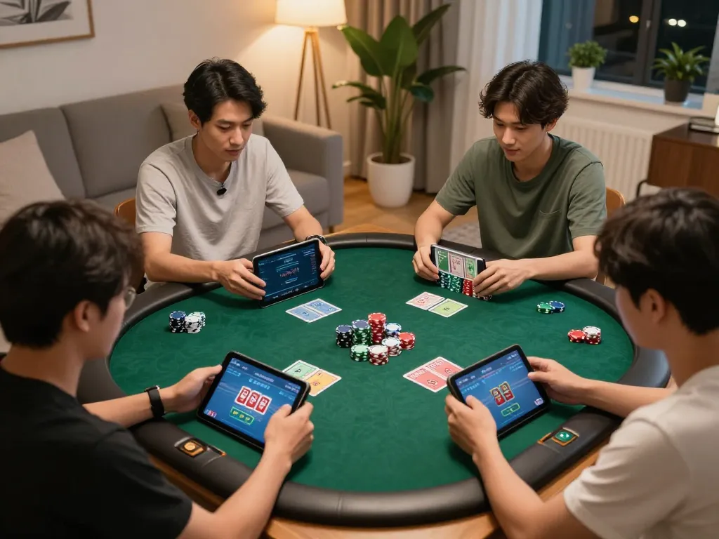 Kuwin players strategizing during a lively online poker game at home.