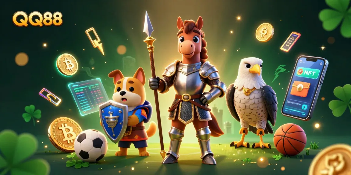 Bet on QQ88 with this vivid illustration featuring a medieval knight, an armored horse, and playful puppy in a dynamic sports betting scene.