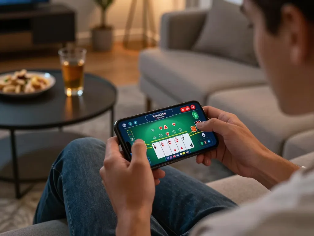 PH365 player enjoying an exciting live blackjack game on smartphone in a cozy home setting.