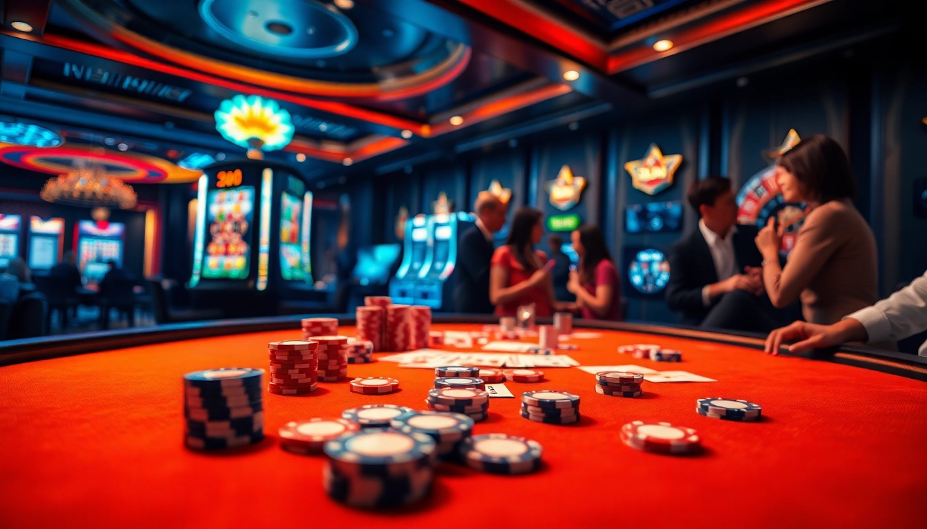 A vibrant casino scene at f8bet.net.in featuring luxury poker gameplay and illuminated slot machines.