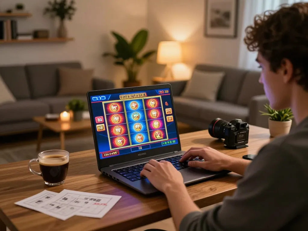 A player engages with online casino games on ytr88 platform, highlighting warm home ambiance and strategic notes.
