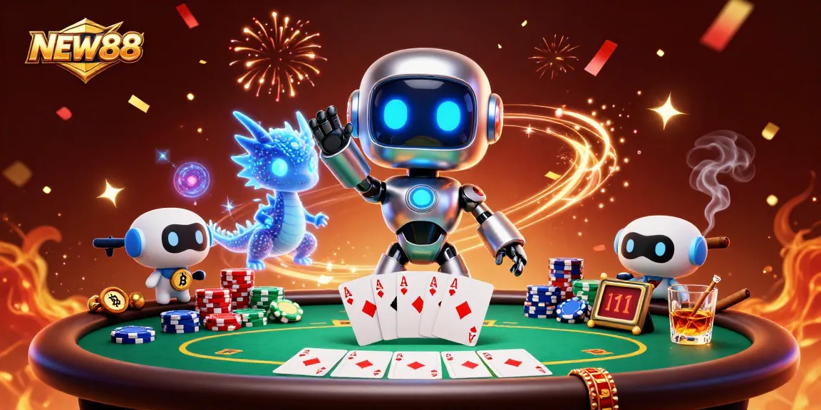 Join the thrilling action at NEW88, showcasing a vibrant casino scene with poker and excitement.