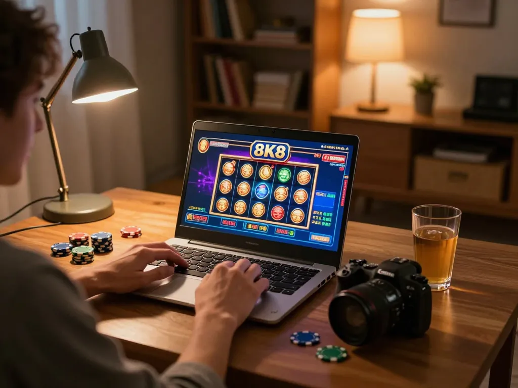 Player engaged in exciting 8K8 online casino gameplay at home, showcasing vibrant slot game interface.