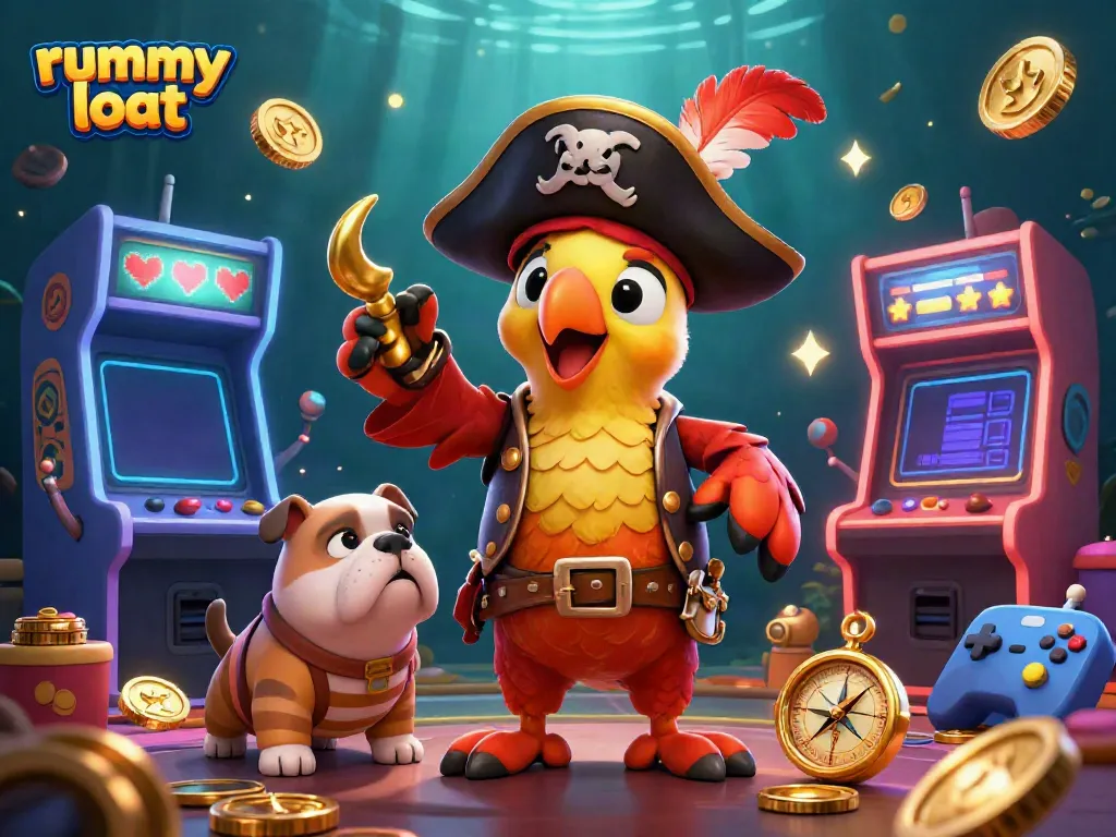Engage with exciting rummy loot gameplay in this vibrant 3D illustration of pirate characters in a casino.