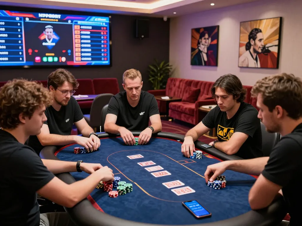 MPOSPORT players engaged in an exciting poker game with modern technology and ambiance.